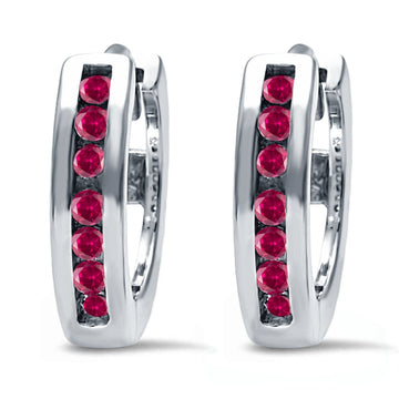 Half Eternity Hoop Earrings Round Simulated Ruby CZ 925 Sterling Silver (11mm)